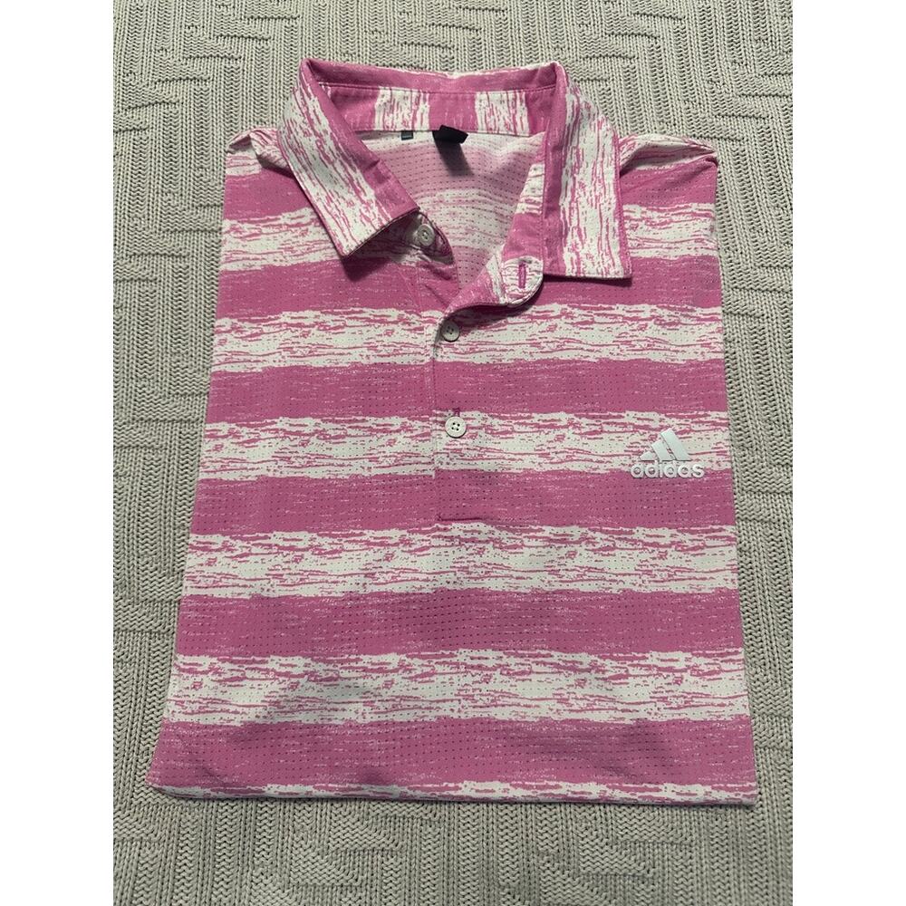 Adidas pink striped polo size L